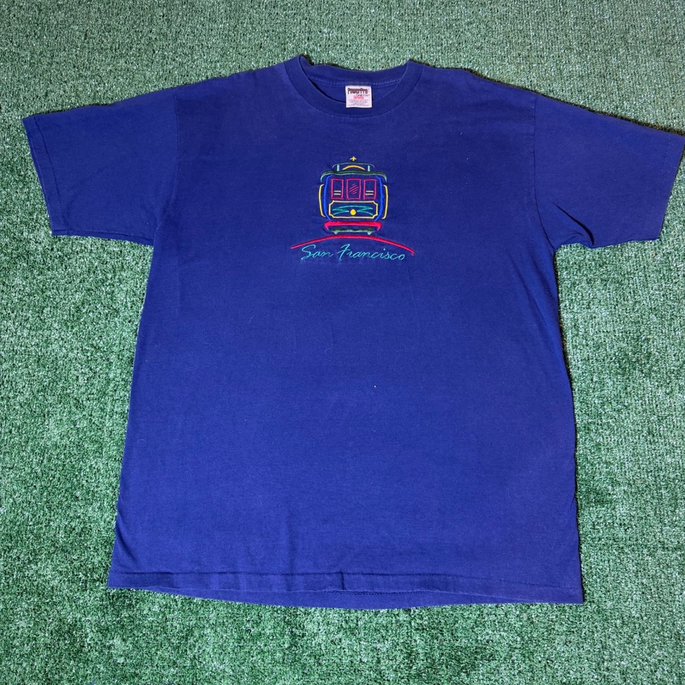 Vintage San Francisco Cable Car Embroidered T-Shirt Navy Blue Oneita XL